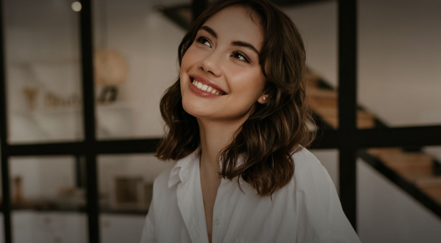 Smiling woman in a cozy indoor setting.